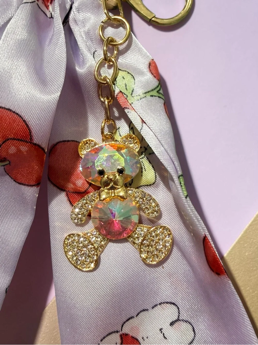 Lavender Cherry Scarf Keychain with Gold Teddy Charm